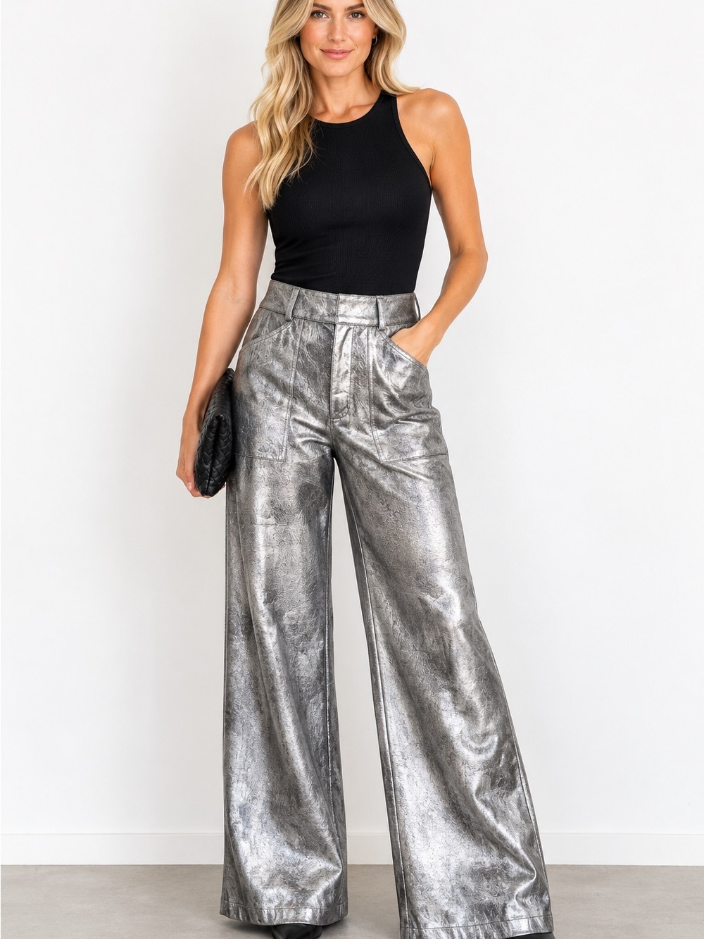 Self Contrast Womens S Metallic Silver Faux Leather Wide Leg Partycore Pants